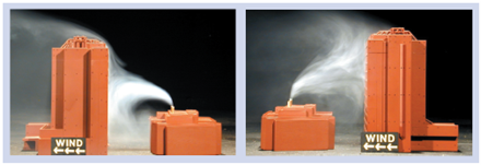 An image with two different scenarios of wind blowing the plume exhaust.